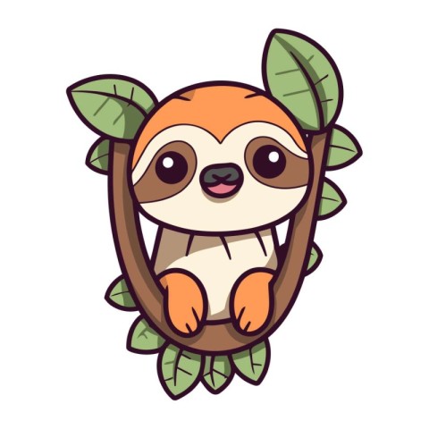 Cute cartoon sloth sitting on the tree. Vector illustration.