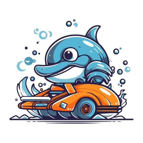 Cartoon dolphin driving a scooter. Vector illustration isolated