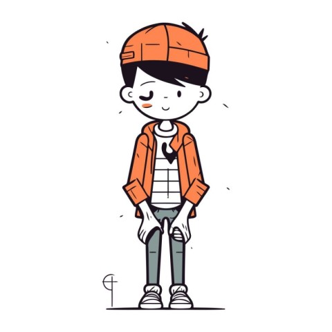 Cute cartoon boy in casual clothes and cap. Vector illustration.