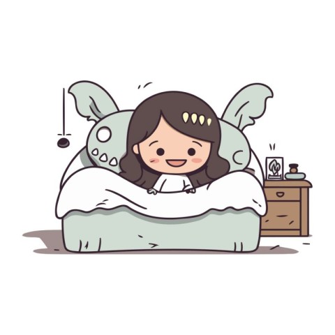 Cute little girl sleeping in bed. Vector cartoon character illus