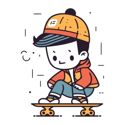 Cute little boy riding a skateboard. Vector line art illustratio