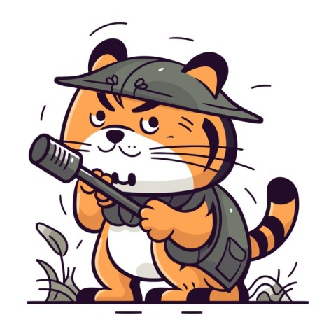 Cute tiger in a hat with a microphone in his hand. Vector illust