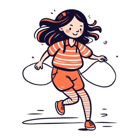 Cute little girl running with skipping rope. Cartoon vector illu