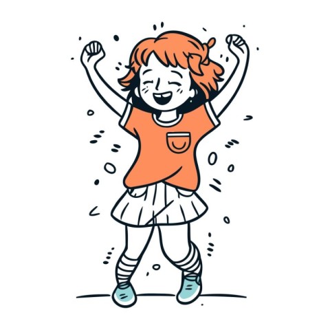 Cheerful little girl with raised hands. Vector illustration in d