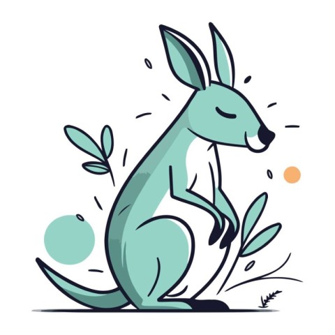 Kangaroo vector illustration. Cartoon kangaroo with green leaves