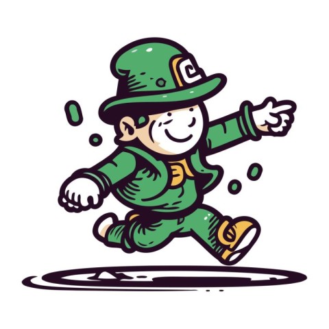 Cheerful leprechaun running and jumping vector illustration.