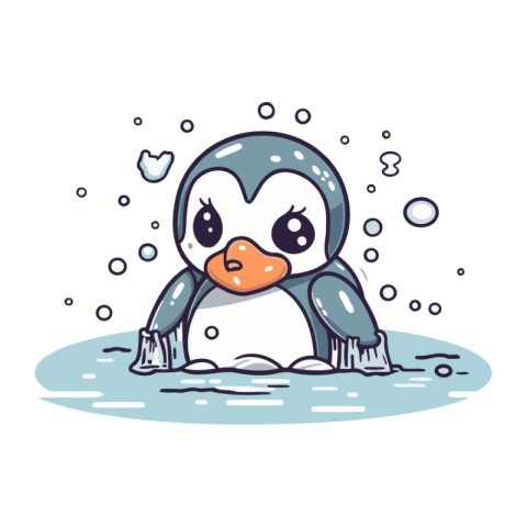 Cute penguin in the water. Vector illustration of cartoon charac