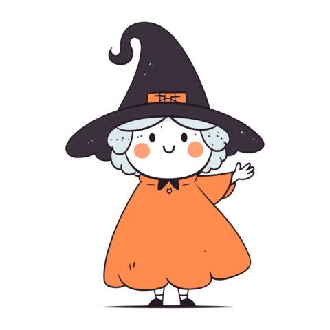 Cute little witch in a hat and cloak. Vector illustration.