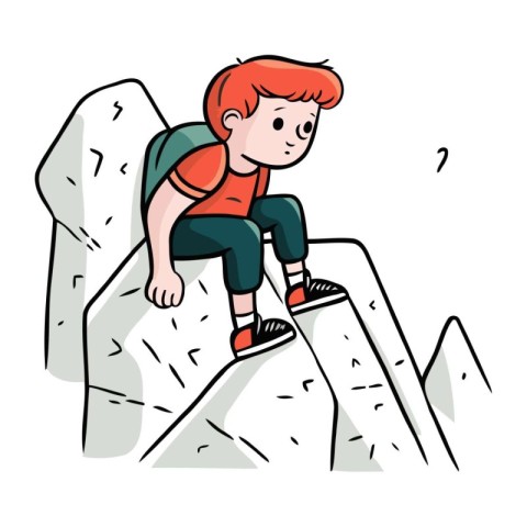 Little boy climbing on a cliff. Vector illustration in cartoon s