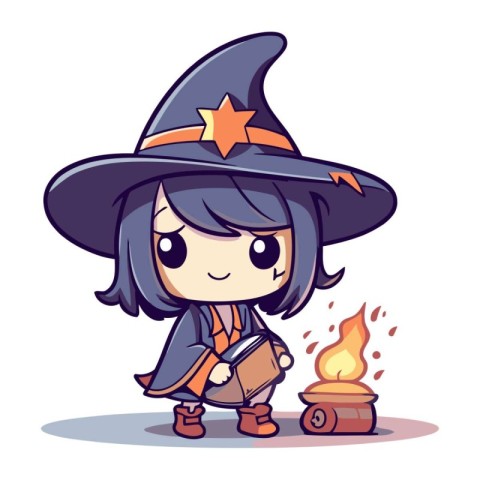 Cute cartoon witch girl with a bonfire. Vector illustration.