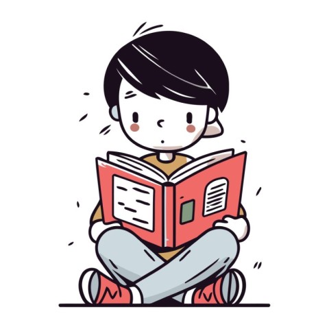 Cute boy reading a book. Vector illustration in cartoon style.