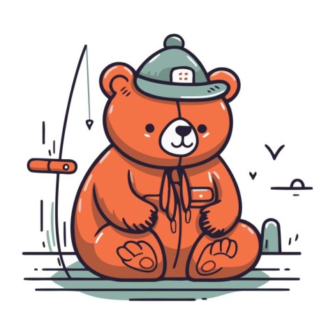 Cute bear in a hat sits on the ground. Vector illustration.