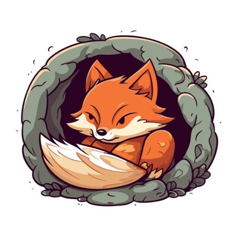 Cute fox in the hole. Vector illustration of a cartoon fox.