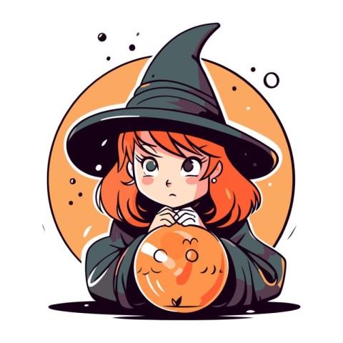 Cute little witch with pumpkin. Vector illustration in cartoon s