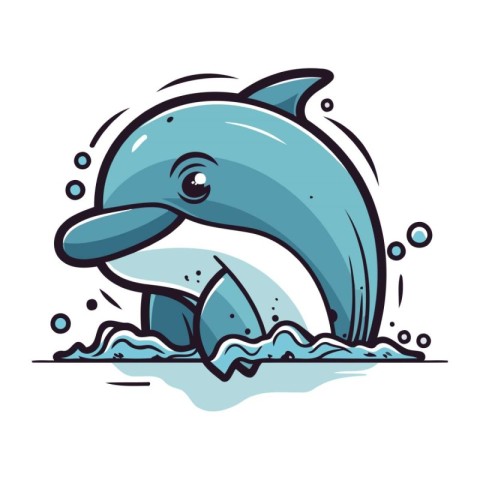 Cute cartoon dolphin jumping out of the water. Vector illustrati