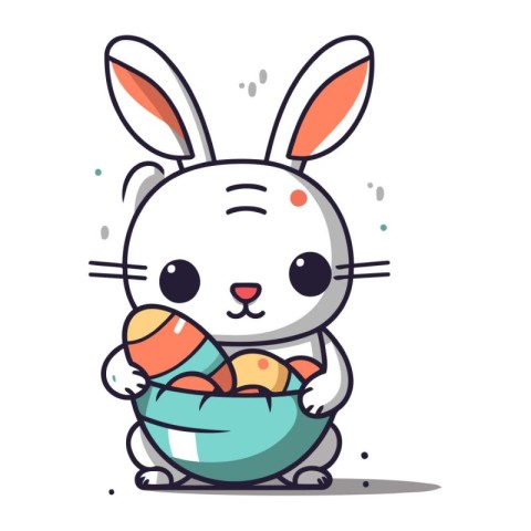 Easter bunny holding egg in basket. Cute cartoon vector illustra