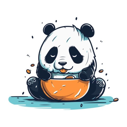 Cute panda bear eating in a bowl. Vector illustration.