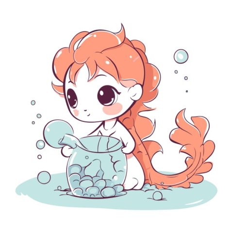 Cute little mermaid with a bucket of water. Vector illustration.