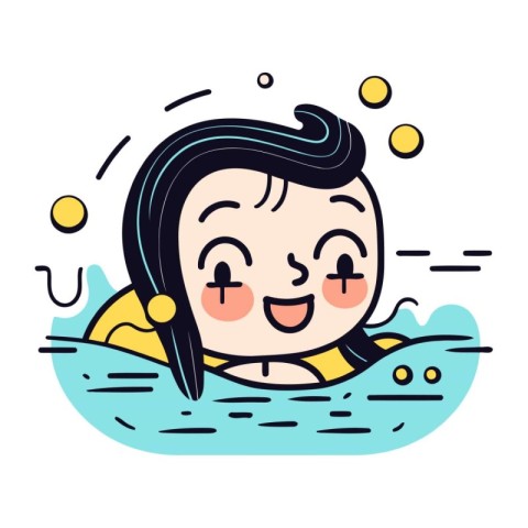 Cute cartoon girl swimming in the sea. Vector illustration in a