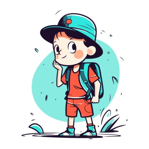 Cute little boy wearing a cap and a backpack. Vector illustratio