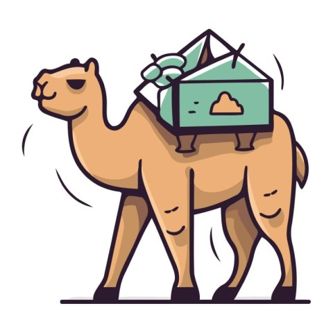 Camel with a box of gifts. Vector illustration in cartoon style.