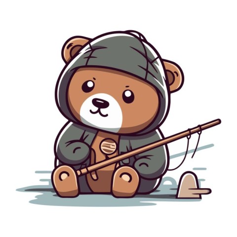 Cute cartoon bear fishing with a fishing rod. Vector illustratio