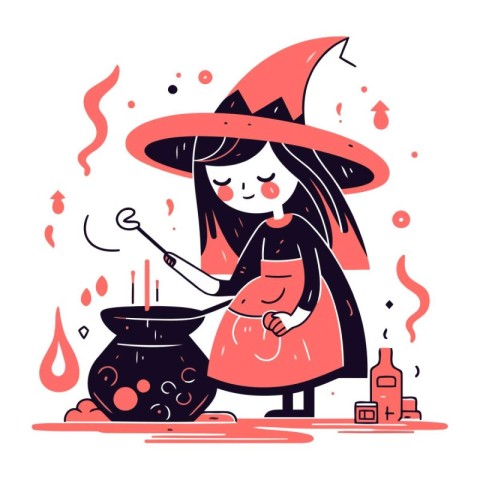 Vector illustration of a girl in a witch costume cooking potion