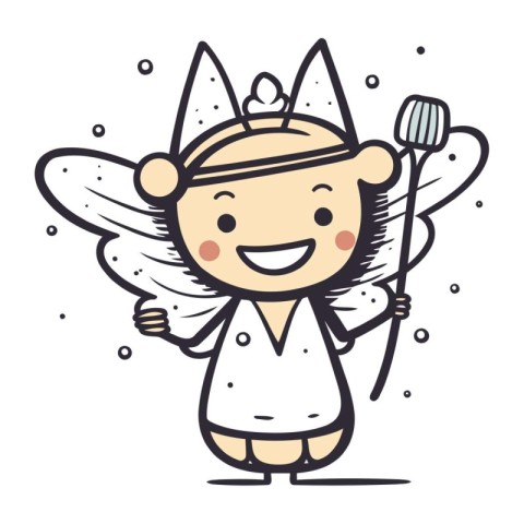 Cute cartoon angel with magic wand. Vector illustration isolated