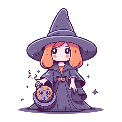 Cute little witch girl in halloween costume. vector illustration