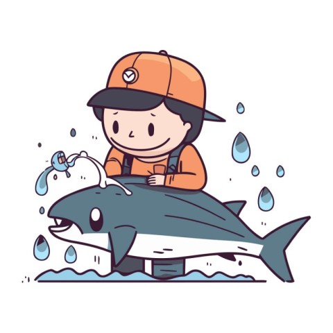 Fisherman with big shark. Vector illustration in cartoon style.