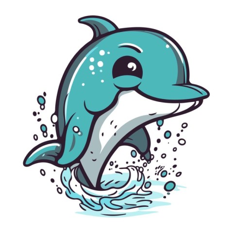 Cute cartoon dolphin jumping out of the water. Vector illustrati