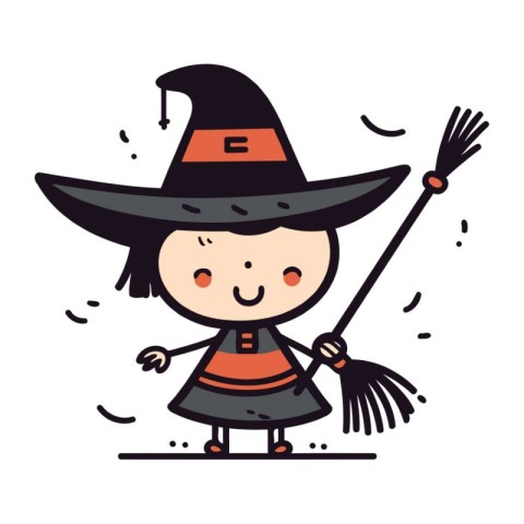 Cute little girl dressed as a witch with a broom. Vector illustr