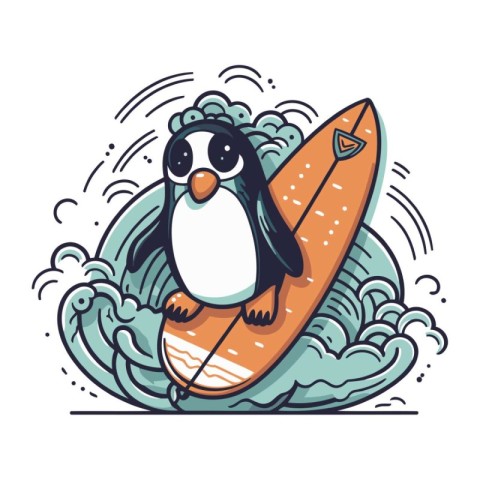 Cute penguin with surfboard on the wave. Vector illustration.