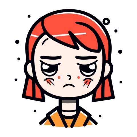 Cartoon sad girl with red hair. Vector illustration isolated on