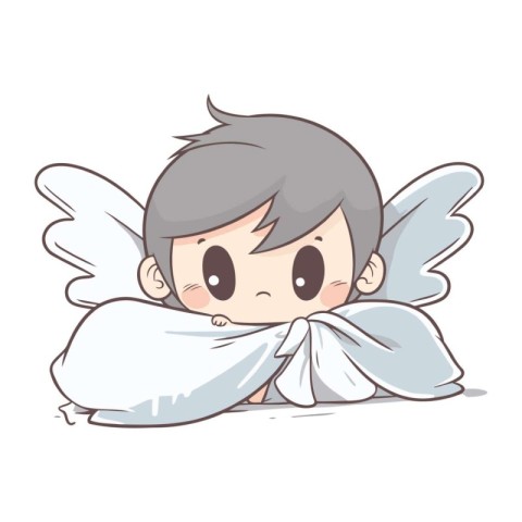 Cute angel boy with pillow and wings. Vector cartoon illustratio