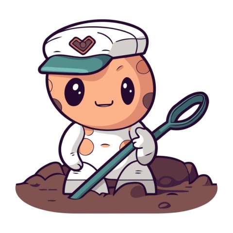 Cute sailor boy with shovel in the soil. Vector illustration.