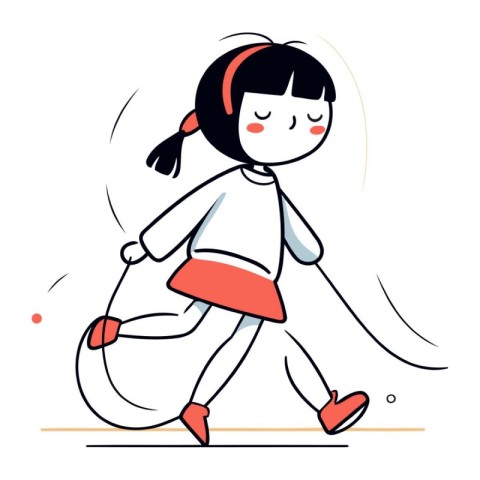 Little girl walking with a bag. Vector illustration in thin line