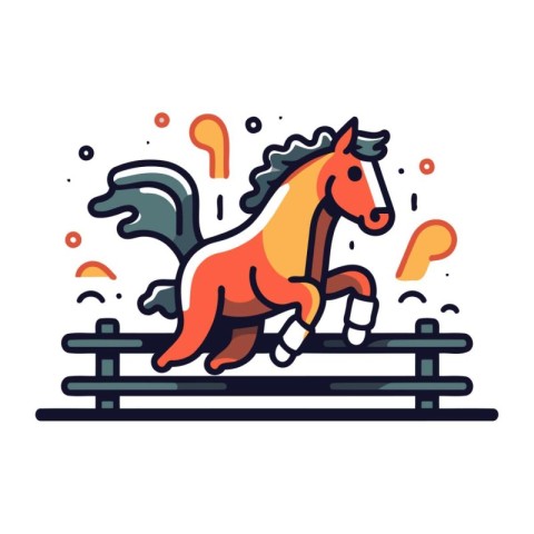 Horse jumping over fence. Vector illustration in flat cartoon st