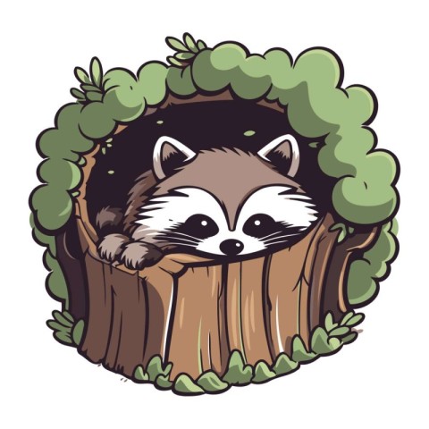 Raccoon in a hole in the tree. Vector illustration.