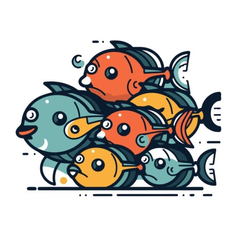 Vector illustration of a group of funny cartoon fish on white ba