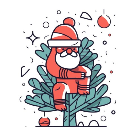 Santa Claus sitting on a tree. Vector illustration in flat linea