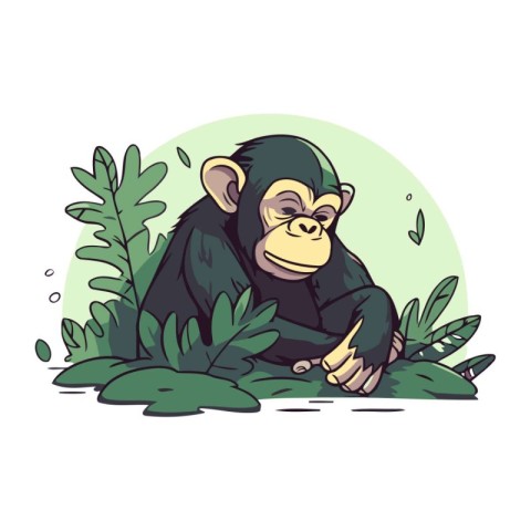 Chimpanzee sitting on the ground in the jungle. Vector illustrat