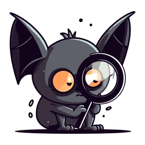 Cute cartoon bat with a magnifying glass. Vector illustration.