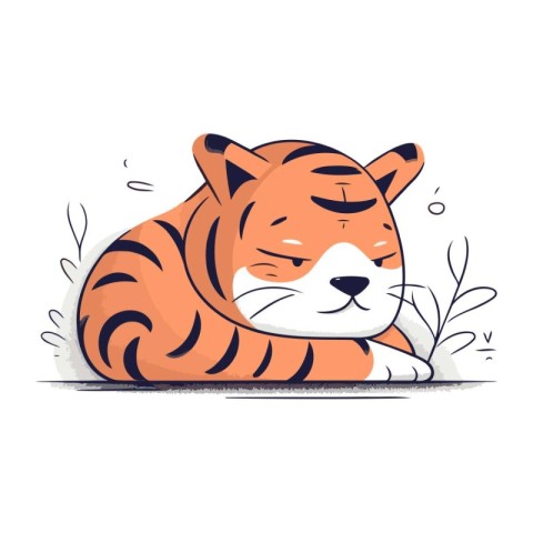 Cute tiger sleeping on the ground. Vector illustration in cartoo