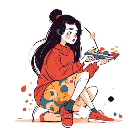 Girl with a palette of paints. Vector illustration in sketch sty