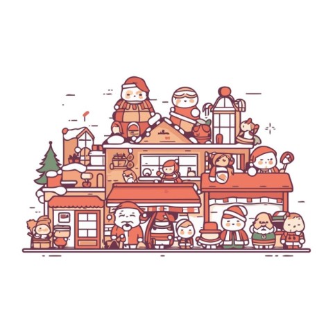 Vector illustration of Santa Claus and children in front of a sh