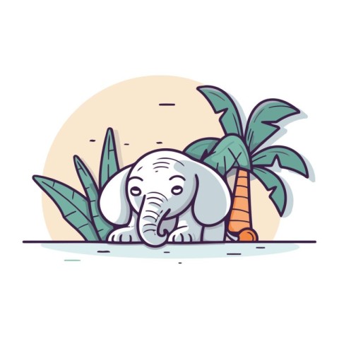 Cute elephant with palm trees. Vector illustration in cartoon st