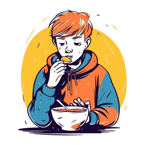 Boy eating soup. Vector illustration of a boy in a cafe.