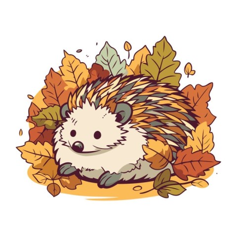 Hedgehog with autumn leaves. Vector illustration in cartoon styl