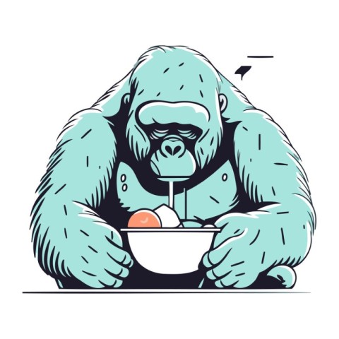 Gorilla with a bowl of ice cream. Vector illustration.